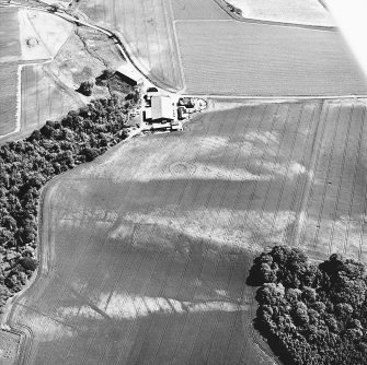 Cambusmichael, oblique aerial view taken from the NW, centred on the cropmarks of two seperate enclosures, settlement traces and a grange.