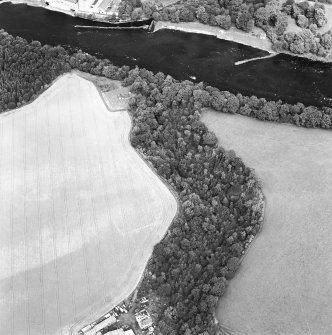 Oblique aerial view centred on the cropmarks of the enclosure and grange with the ruins of the burial ground and church adjacent, taken from the S.