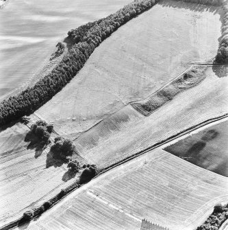 Spittalfield and Wester Drumatherty, oblique aerial view, taken from the NE, centred on the cropmarks of a Roman road and quarry pits, a linear cropmark, a palisaded enclosure, a possible pit-alignment, a round house and souterrains.