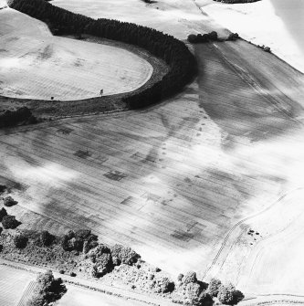 Wester Drumatherty, oblique aerial view, taken from the ESE, centred on the cropmarks of a Roman Road and unenclosed settlement.