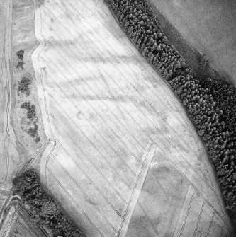 Oblique aerial view of Spittalfield centred on the cropmarks of a round house and souterrain with Roman road adjacent, taken from the W.
