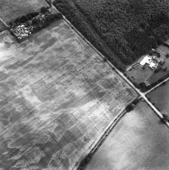 Myreside, oblique aerial view, taken from the NW, showing cropmarks, including those of a ring ditch and a possible pit-defined enclosure, in the centre. A linear cropmark runs from the top left-hand corner towards the centre of the photograph.