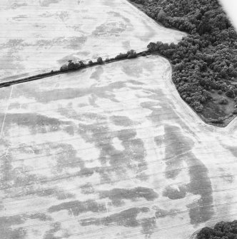 Oblique aerial view centred on the cropmarks of the ring-ditch, field boundary, possible pit-defined enclosure, pit-alignment, pits and frost wesges, taken from the ENE.