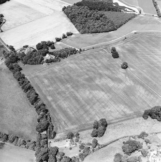 Oblique aerial view centred on the cropmarks of rig and possible timber halls with rectiliear enclosure, field boundaries, ice house, farmsteading and house adjacent, taken from the SE.
