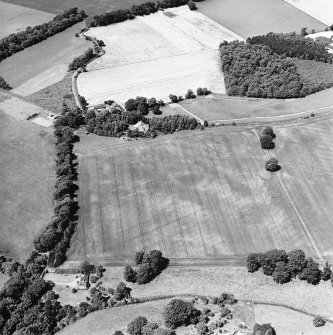 Oblique aerial view centred on the cropmarks of rig and possible timber halls with rectiliear enclosure, field boundaries, ice house, farmsteading and house adjacent, taken from the SE.