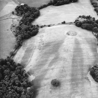 Mugdrum, oblique aerial view, taken from the ENE, centred on an area defined as a cropmark complex.
