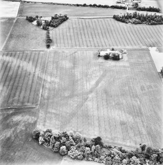 Carpow and Gillies Burn, oblique aerial view, taken from the NNW, centred on the cropmarks of a Roman Fort, a Roman enclosure, a ring-ditch and an unenclosed settlement. Mains of Carpow farmsteading is visible in the top right-hand corner of the photograph, and linear cropmarks are shown in the bottom left-hand corner.