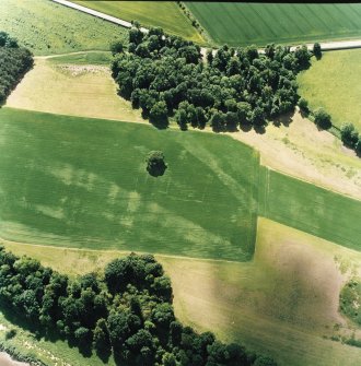 Oblique aerial view centred on the cropmarks of the enclosures, pits and rig, taken from the NNW.
