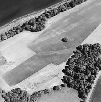 Oblique aerial view centred on the cropmarks of the enclosures, pits and rig, taken from the SW.