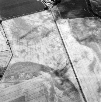 Oblique aerial view centred on the cropmarks of the pit-defined cursus, pits and rig, with pits, rig, ring-ditch and possible quarry adjacent, taken from the W.