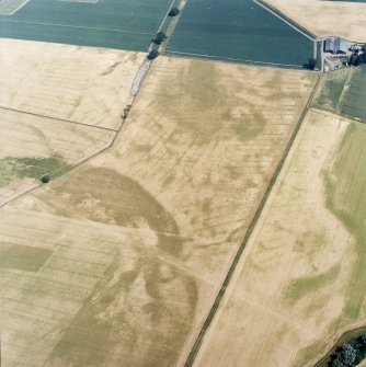 Oblique aerial view centred on the cropmarks of the pit-defined cursus, pits and rig, with farmhouse, pits, rig, ring-ditch and possible quarry adjacent, taken from the WSW.