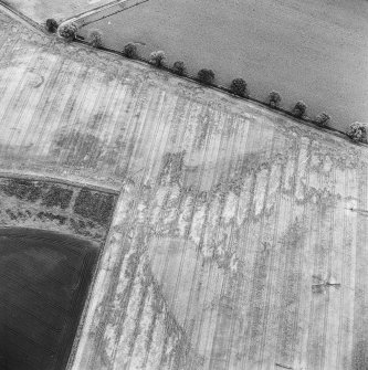 Oblique aerial photograph of Glencarse centred on several cropmarks, including unenclosed settlement, three souterrains, a possible souterrain and a pit,  taken from the NNE.