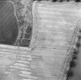 Oblique aerial photograph of Glencarse centred on cropmarks, including unenclosed settlement, three souterrains, a possible souterrain and a pit, taken from the NW.