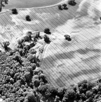 Rossie, oblique aerial view, taken from the NE, centred on the cropmarks of a series of rectilinear enclosures, a trackway and a building. Rossie Church is visible in the centre of the photograph.