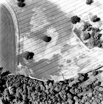 Rossie, oblique aerial view, taken from the SE, centred on a series of indeterminate cropmarks and the marks of an enclosure and a trackway. Rossie Church is visible in the centre right of the photograph.