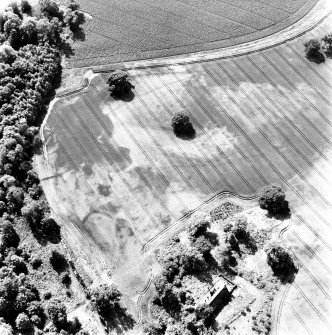 Rossie, oblique aerial view, taken from the NE, centred on a series of indeterminate cropmarks and the marks of an enclosure and a trackway. Rossie Church is visible in the bottom centre of the photograph.