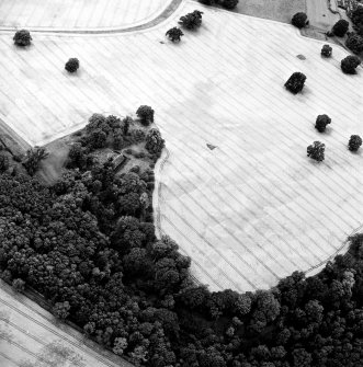 Oblique aerial view centred on the cropmarks of the enclosures and pits, with the church, burial-ground and mausoleum adjacent, taken from the NE.