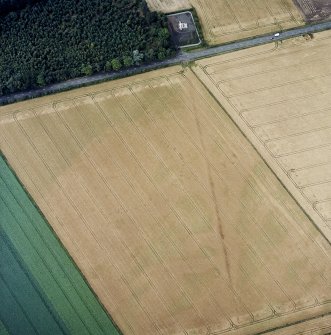 Oblique aerial view centred on the cropmarks of the pit-enclosure and the line of a gas pipeline, taken from the S.
