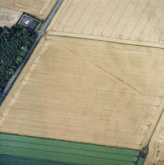 Oblique aerial view centred on the cropmarks of the pit-enclosure and the line of a gas pipeline, taken from the SW.