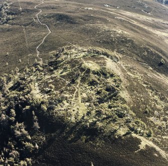 Oblique aerial view centred on the remains of the fort and possible cairn, taken from the NW.