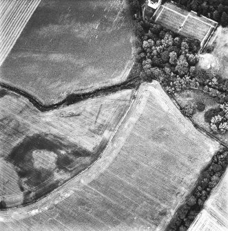 Fowlis Burn, oblique aerial view, taken from the SW, centred on cropmarks of a rectilinear enclosure and linear cropmarks.