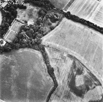 Fowlis Burn, oblique aerial view, taken from the NW, centred on cropmarks of a rectilinear enclosure and linear cropmarks.
