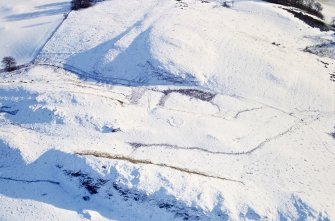 Oblique aerial view of Castle Hill centred on the remains of a ring-ditch house with a fort, mound and rig adjacent, taken from the NW.