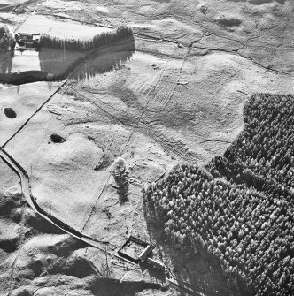 Oblique aerial view centred on the remains of a ring ditch house and three farmsteads with possible hut circle, buildings, farmsteads, hut circle and farmsteading adjacent, taken from the NE.