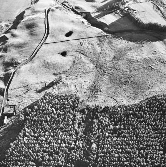 Oblique aerial view centred on the remains of three farmsteads with ring ditch house, hut circle and farmsteading adjacent, taken from the NNW.