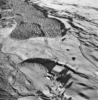 Oblique aerial view centred on the remains of three farmsteads with ring ditch house, possible hut circle, buildings, farmstead and farmsteading adjacent, taken from the S.