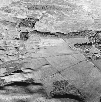 Oblique aerial view centred on the remains of a farmstead, small cairns and rig with farmstead, buildings, hut circles, small carins, banks and huts adjacent, taken from the SW.