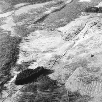 Oblique aerial view centred on the remains of the township, rig and head-dyke, taken from the SE.