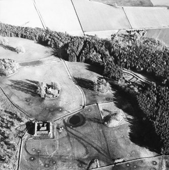 Oblique aerial view centred on the ruins of the tower-house with farmsteading adjacent, taken from the NW.