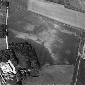 Kirkton Barns, oblique aerial view, taken from the SW, centred on cropmarks of an unenclosed settlement.