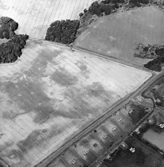 Oblique aerial view centred on the cropmarks of the unenclosed settlement, taken from the SE.