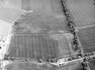 Oblique aerial view centred on the cropmarks of pits, a roundhouse, possible enclosure and rig, taken from the N.