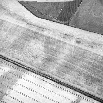 Craigmill, oblique aerial view taken from the S, centred on the cropmarks of a possible enclosure.  A second enclosure and rig are visible in the right centre of the photograph.