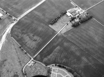 Oblique aerial view centred on the cropmarks of the unenclosed settlement, enclosures and rig with the possible enclosure and further rig adjacent, taken from the E.