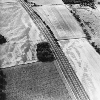 Oblique aerial view centred on the cropmarks of the Roman temporary camp and the rig, taken from the E.