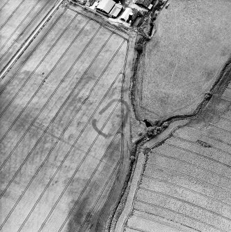Oblique aerial view centred on the cropmarks of the enclosure, pits, rig and field boundary, taken from the NE.