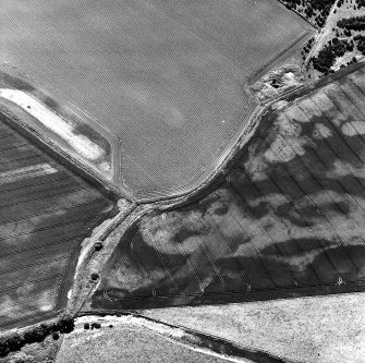 Boysack, oblique aerial view, taken from the NE, centred on the cropmarks of barrows, ring-ditches, a possible round house and a pit-alignment.