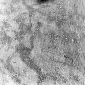 Oblique aerial view centred on the cropmarks of a pit-defined enclosure with unenclosed settlement and souterrains adjacent, taken from the NNW.