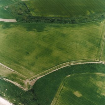 Oblique aerial view centred on the cropmarks of the unenclosed settlement, enclosures, possible souterrains, linear cropmarks and possible field boundaries, taken from the NE.