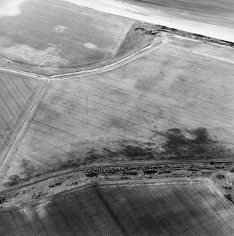 Oblique aerial view centred on the cropmarks of the unenclosed settlement, enclosures, possible souterrains, linear cropmarks and possible field boundaries, taken from the SW.