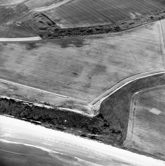 Oblique aerial view centred on the cropmarks of the unenclosed settlement, enclosures, possible souterrains, linear cropmarks and possible field boundaries, taken from the NE.