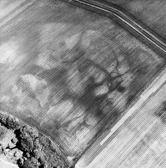 Kirkton Mill, oblique aerial view, taken from the NW, centred on the cropmarks of enclosures and ring-ditches.