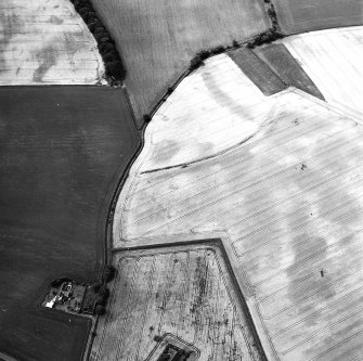 Newbarns Smithy, oblique aerial view, taken from the ENE, centred on cropmarks including those of an unenclosed settlement and a field boundary. Further cropmarks are visible in the bottom half of the photograph.