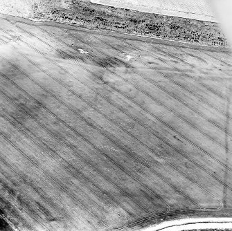 Oblique aerial view centred on the cropmarks of an unenclosed settlement, enclosures and possible souterrains with possible field boundaries adjacent, taken from the NE.