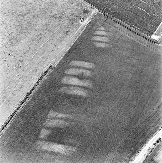 Kirkton Mill, oblique aerial view, taken from the NE, centred on the cropmarks of a round house and rig.