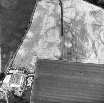 Kirkton Mill, oblique aerial view, taken from the SW, centred on the cropmarks of a round house and rig.